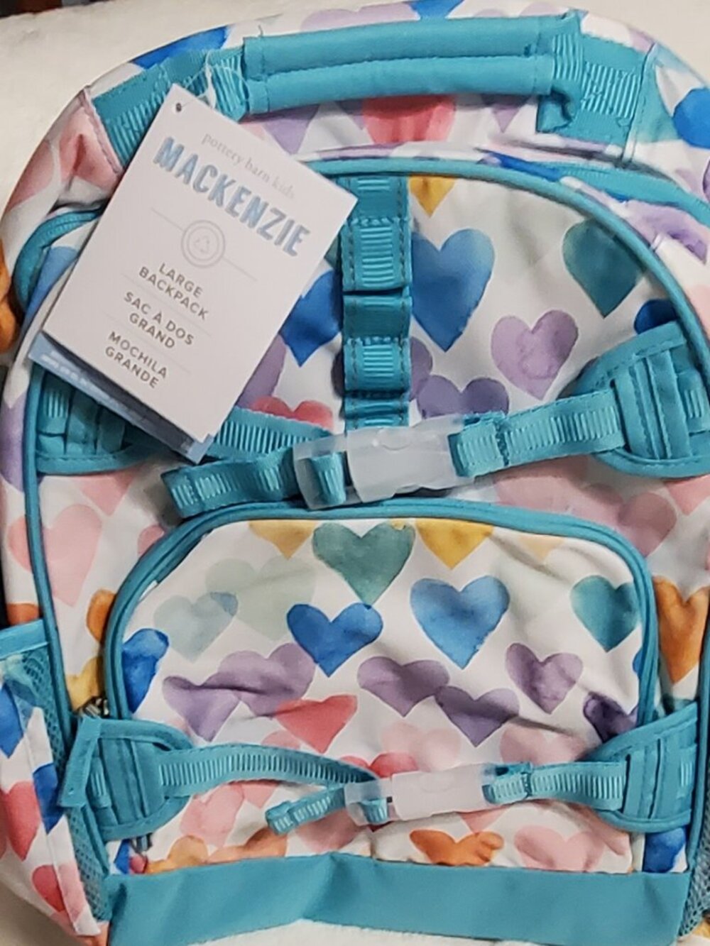 POTTERY BARN KIDS AQUA RAINBOW HEARTS LARGE MACKENZIE Backpack NWT! HTF! - Picture 3 of 12